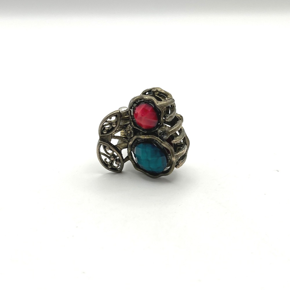 Vintage Style Mini Hair Claw Clip Bronze Filigree Red Teal Faux Stone Ornate - Picture 4 of 7